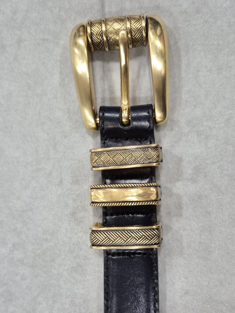 Vtg 90s Brighton belt women's small black leather antiqued gold chunky buckle
